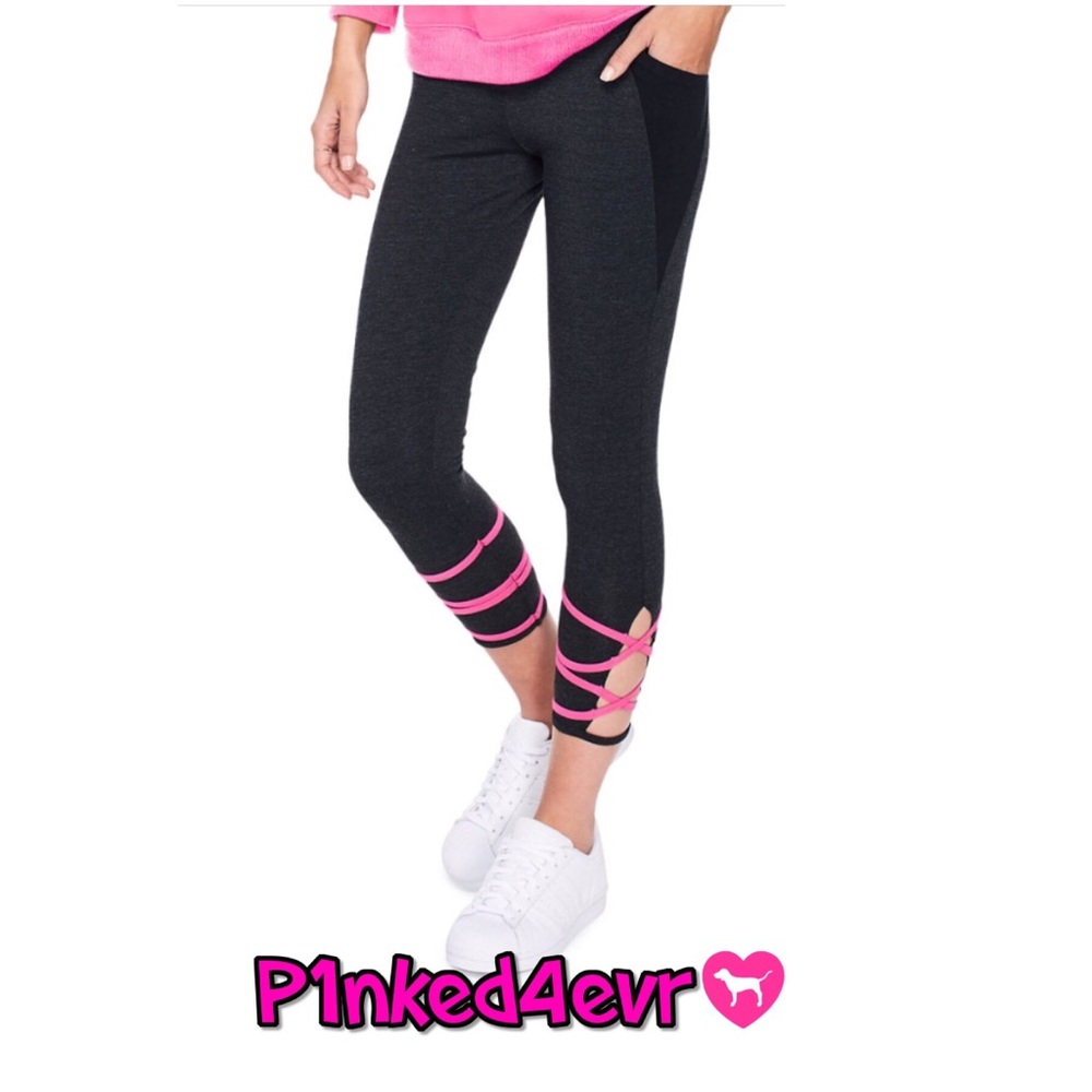 VS PINK Strappy Ankle Leggings Black & Pink